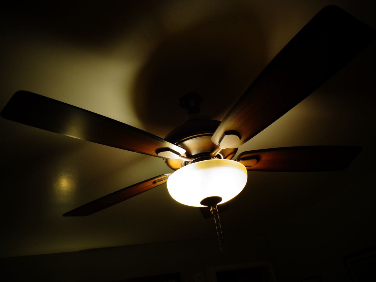 Wood-bladed ceiling fan with its light on